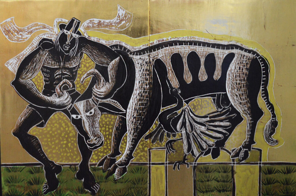 "Al toro por los cuernos"  | Ixrael Montes |  Hoja de oro sobre cedro 40 x 60 cm