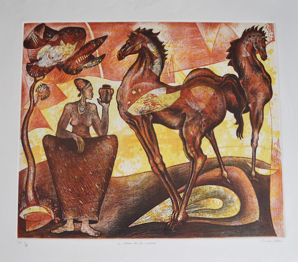 "La dama de los caballos "  |  Tomás Pineda  |  Grabado  Impresión 49 x 56 cm  Papel 63 x 74 cm