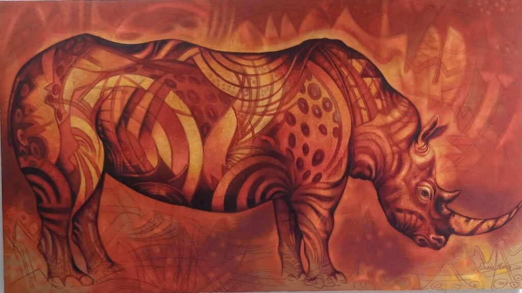 "El majestuoso rinoceronte"  |  Tomás Pineda  |  Óleo sobre tela 140 x 250 cm