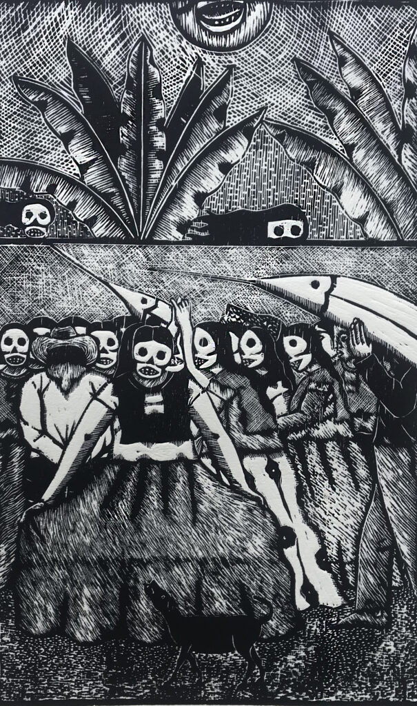 "Baile con calaveras"  |  Fernando Olivera |  Xilografía Impresión 46 x 28 cm Papel 56 x 38 cm